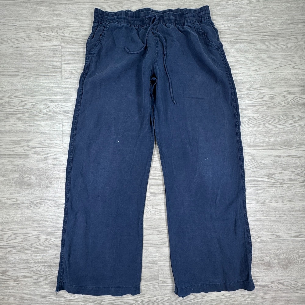 Allen Allen Women's Pants Linen Wide Leg Navy Blue Large Drawstring Casual